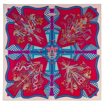 Pre-owned Hermes Auth.  Shawl Cs140 Bouquets Sellier Blanc Rose Indien Turquoise New S/tag In Red