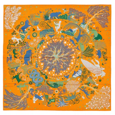 Pre-owned Hermes Auth.  Shawl - Sous Le Charme D'orphée - Cs140 - Orange Vert Bleu New Tag