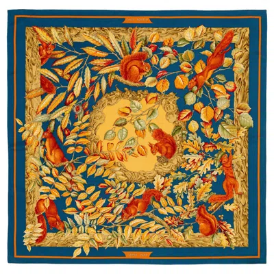 Pre-owned Hermes Auth.  Silk Scarf - Casse Noisette – Bleu Pétrole Marron Vert - Mint Rare In Brown