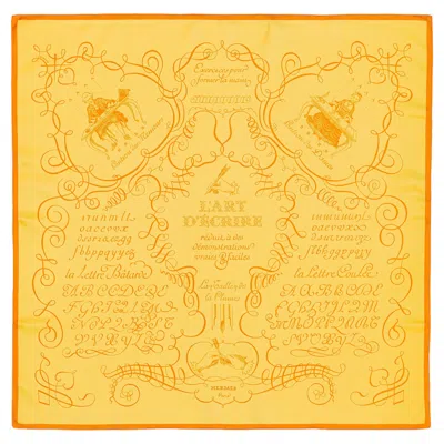Pre-owned Hermes Auth.  Silk Scarf - L Art D'ecrire - Jaune Orange - Mint Rare