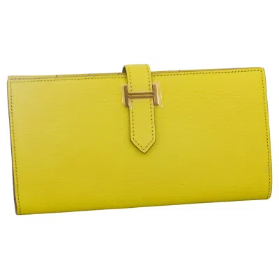 Pre-owned Hermes Auth.  Wallet Bearn - Lime Yellow - 17.5cm - Hw Paladium - New