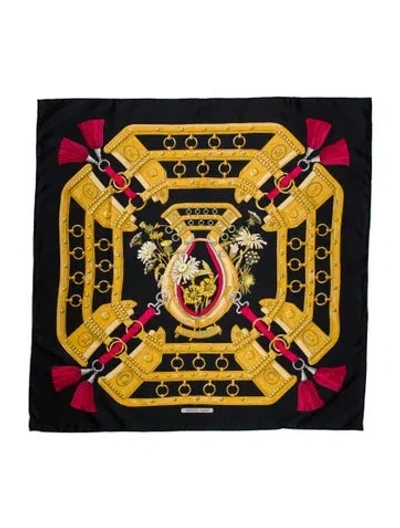 Pre-owned Hermes Aux Champs Silk Scarf In Black