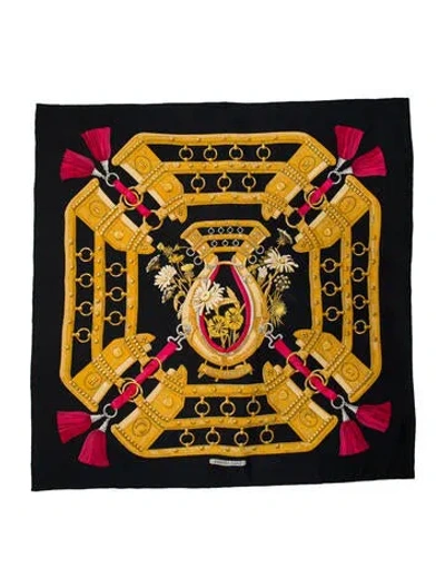 Pre-owned Hermes Aux Champs Silk Scarf In Black
