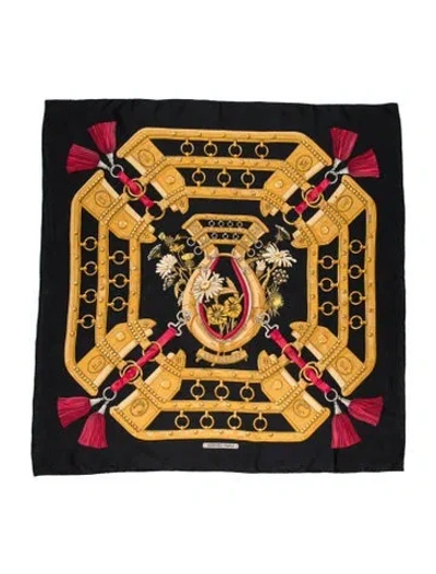 Pre-owned Hermes Aux Champs Silk Scarf In Black