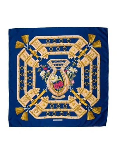 Pre-owned Hermes Aux Champs Silk Scarf In Blue