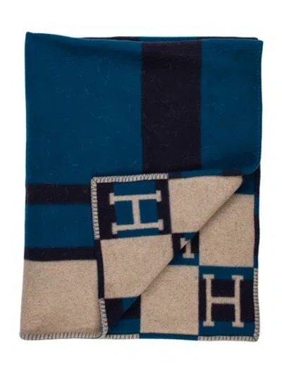 Pre-owned Hermes Avalon Bayadere Throw Blanket In Blue