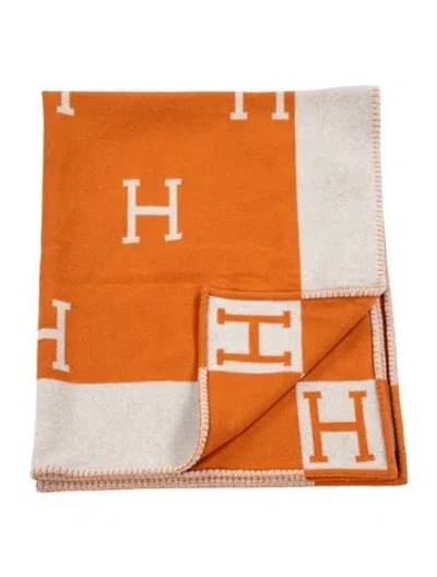 Pre-owned Hermes Avalon Throw Blanket In Neutrals/orange