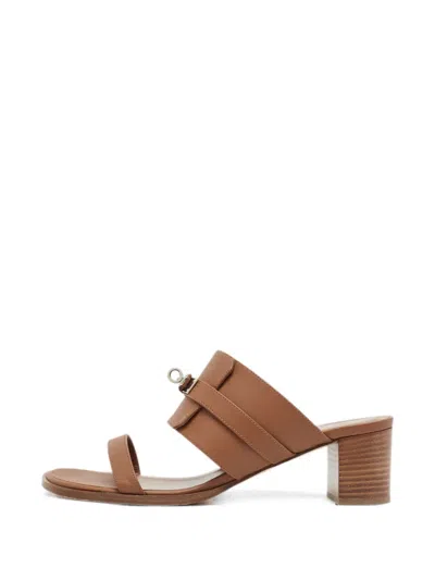 Pre-owned Hermes Avenue Kelly Lock Sandals In Brown