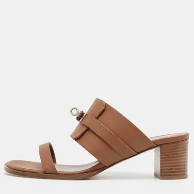 Pre-owned Hermes Hermès Avenue Size 40.5 Brown Leather Slide Sandals