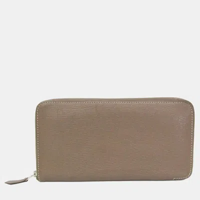 Pre-owned Hermes Azap Classic Long Etoupe Chevre Mysore Leather Zip Around Wallet In Brown