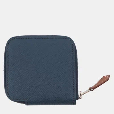 Pre-owned Hermes Azap Compact Silkin Coin Purse Blue De Prusse Epsom