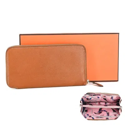 Pre-owned Hermes Azap Gold Pink Epsom Leather Silk Long Wallet (bi-fold) () In Multi