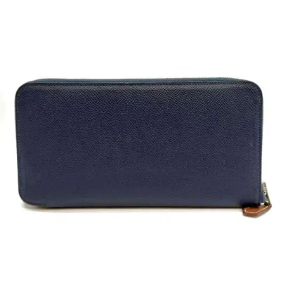 Pre-owned Hermes Azap Navy Epsom Leather Long Wallet (bi-fold) () In Blue