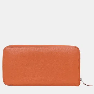 Pre-owned Hermes Azap Zip Long Orange Leather Wallet