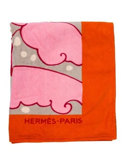Pre-owned Hermes Bal Des Sirenes Cotton Beach Towel In Orange