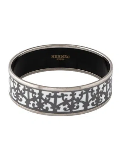 Pre-owned Hermes Balcon Du Guadalquivir Enamel Wide Bangle Bracelet, 7.5" In Black/silver