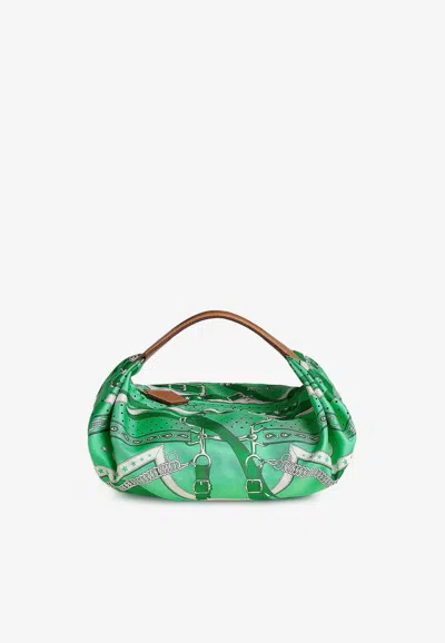 Pre-owned Hermes Balusoie Bag In Vert Comics La Promenade Du Matin Bandana Silk Print And Naturel Hunter With Palladi