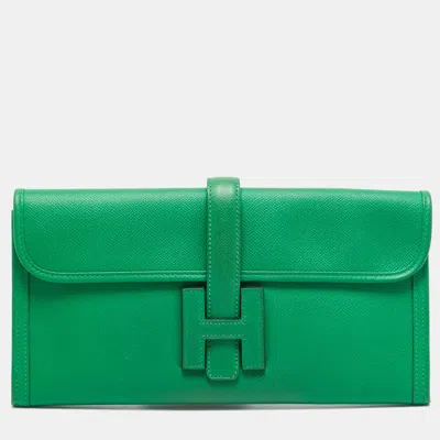 Pre-owned Hermes Bambou Epsom Leather Elan Jige 29 Clutch In Green