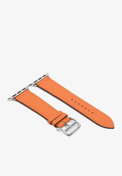 Hermes Band Apple Watch Single Tour 42mm Attelage In Orange Swift Leather In Black