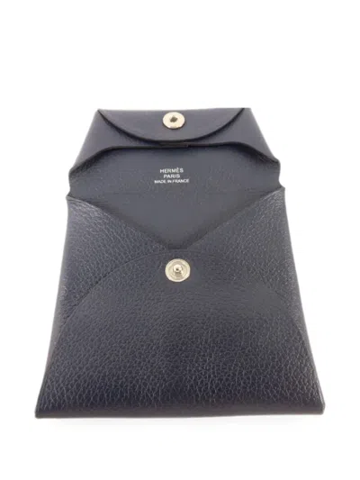 Pre-owned Hermes Bastia Evercolor Leather Card Case In Blue