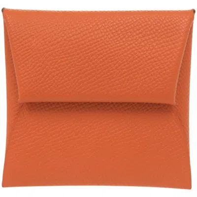Pre-owned Hermes Bastia Feu Epsom Leather Coin Purse/coin Case () In Orange