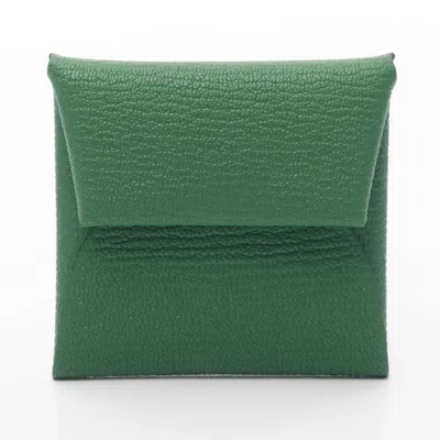 Pre-owned Hermes Bastia Green Pink Chevre Leather Coin Purse/coin Case ()