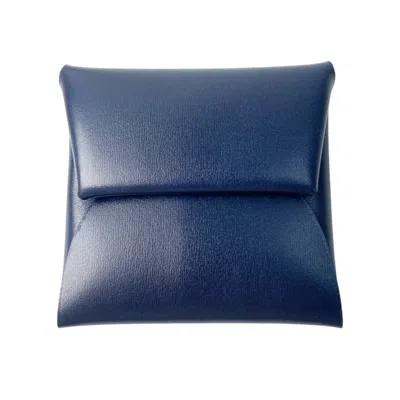 Pre-owned Hermes Bastia Navy Box Calf Leather Coin Purse/coin Case () In Blue
