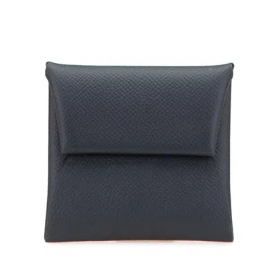 Pre-owned Hermes Bastia Navy Epsom Leather Coin Purse/coin Case () In Blue