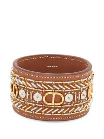 Pre-owned Hermes Beaded Leather Bangle Bracelet In Brown