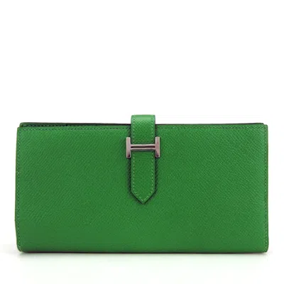 Pre-owned Hermes Bearn Bambou Green Epsom Leather Long Wallet (bi-fold) ()