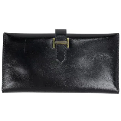 Pre-owned Hermes Bearn Black Box Calf Leather Long Wallet (bi-fold) ()