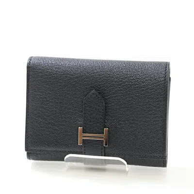 Pre-owned Hermes Bearn Black Chevre Leather Wallet (tri-fold) ()