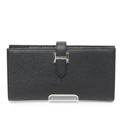 Pre-owned Hermes Bearn Black Chevre Myzore Leather Long Wallet (bi-fold) ()