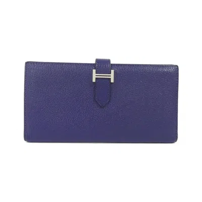 Pre-owned Hermes Bearn Blue Chevre Leather Wallet (bi-fold) ()