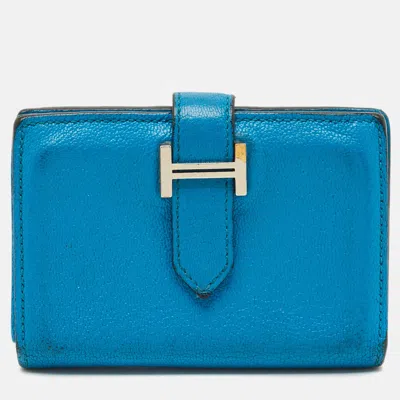 Pre-owned Hermes Bearn Blue Frida Chevre Leather Card Holder