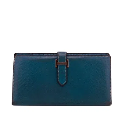 Pre-owned Hermes Bearn Blue Leather Long Wallet (bi-fold) ()