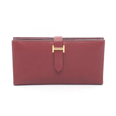 Pre-owned Hermes Bearn Bordeaux Rouge H Chevre Leather Long Wallet (bi-fold) () In Bordeaux, Rouge H