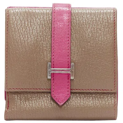 Pre-owned Hermes Bearn Brown Pink Leather H Logo Strap Bifold Square Wallet