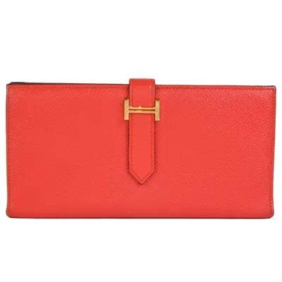 Pre-owned Hermes Bearn Capucine Rouge H Epsom Leather Long Wallet (bi-fold) () In Capucine, Rouge H