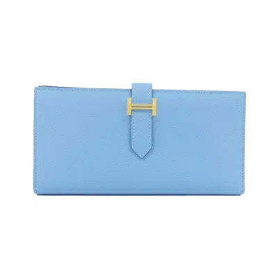 Pre-owned Hermes Bearn Celeste Epsom Leather Long Wallet (bi-fold) () In Blue