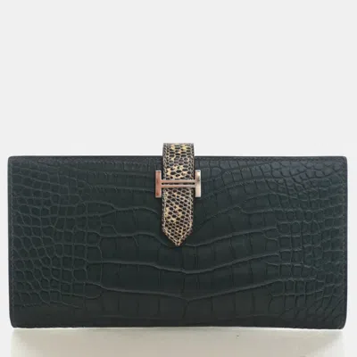 Pre-owned Hermes Bearn Classic Vert Fonce Alligator Lizard Long Wallet In Green