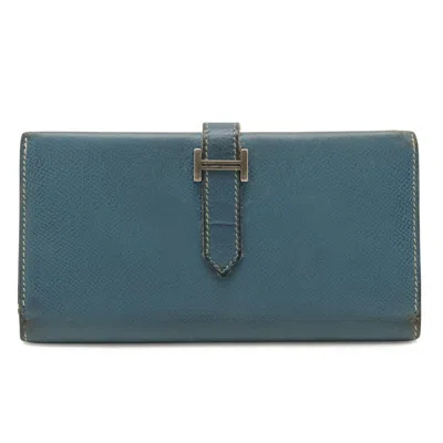 Pre-owned Hermes Bearn Colvert Epsom Leather Long Wallet (tri-fold) () In Blue