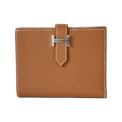 Pre-owned Hermes Bearn Epsom Compact Wallet Palladium Hardware Gold Brown In Os