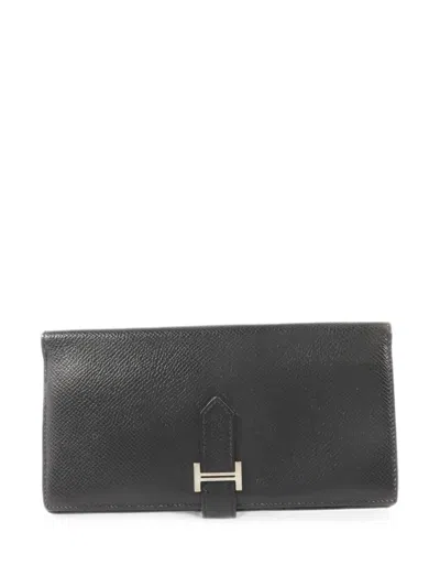 Pre-owned Hermes Bearn Epsom Leather Long Wallet In Black
