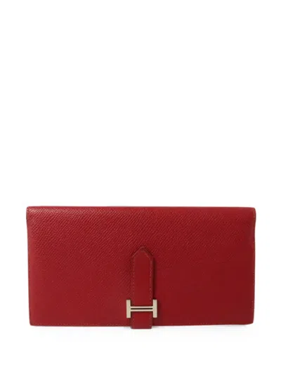 Pre-owned Hermes Bearn Epsom Long Wallet In Red