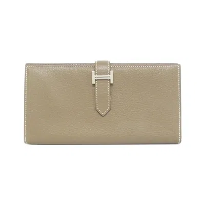 Pre-owned Hermes Bearn Etoupe Gray Chevre Leather Long Wallet (bi-fold) ()