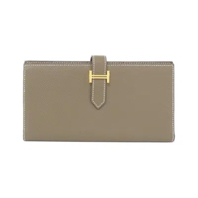 Pre-owned Hermes Bearn Etoupe Gray Soufre Epsom Leather Long Wallet (bi-fold) () In Etoupe Gray, Soufre