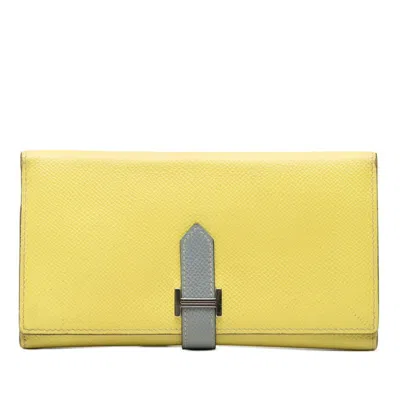 Pre-owned Hermes Bearn Gray Yellow Epsom Leather Wallet (tri-fold) ()