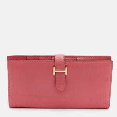 Pre-owned Hermes Bearn Gusset Rose Azalee Chèvre Mysore Leather Continental Wallet In Pink