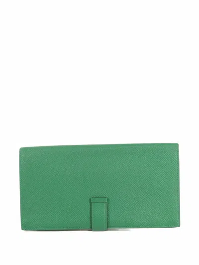Pre-owned Hermes Bearn Leather Wallet In Green